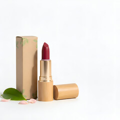 Realistic vegan lipstick beside eco-friendly recyclable packaging