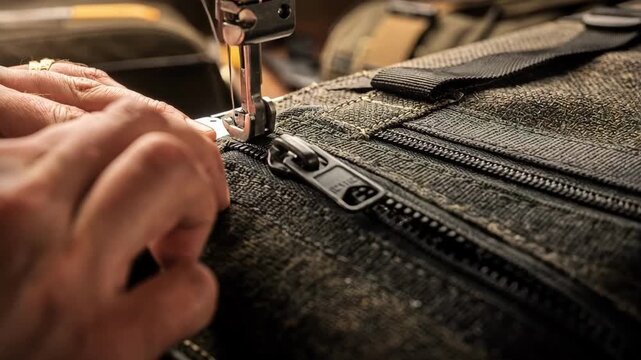 Closeup of skilled hands sewing heavyduty coil zippers onto rugged luggage fabric for durable waterproof travel gear construction.