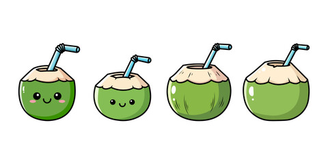 Kawaii Young Coconut Drink Characters Vector Set Fresh Summer Juice