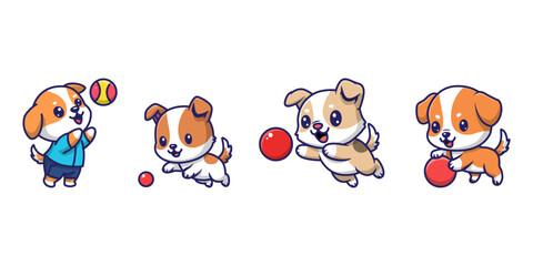 Cute Puppy Dogs Playing with Balls Mascot Vector Set
