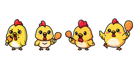Adorable Cartoon Chickens Holding Fried Food Mascot Set