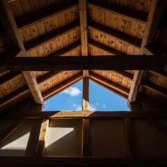 Wooden Loft Interior with Skylight.