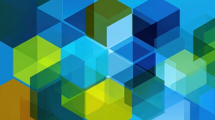 Obraz premium Abstract Geometric Background with Translucent Blue and Green Cubes Overlapping to Create a Complex Pattern with Pixelated Edges and Flat Lighting