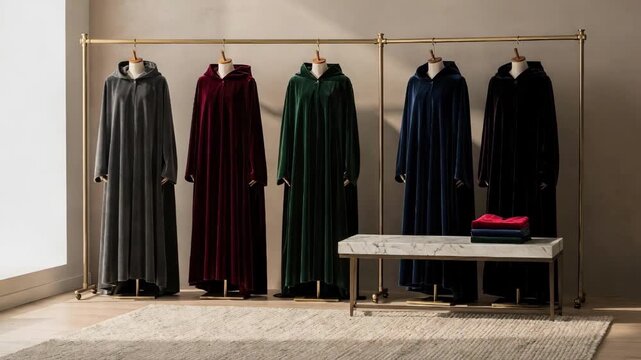 Fulllength hooded cloaks arranged in a stylish showroom nook emphasizing luxurious materials and sweeping silhouettes that evoke timeless elegance.