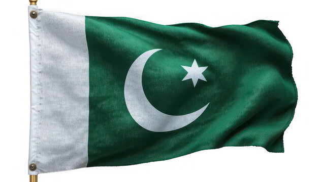 Pakistan flag waving on gold pole with green and white colors and crescent moon symbol