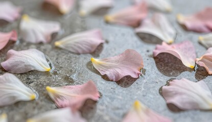 Puddle with Floating Petals: A delicate puddle filled with flower petals, soft pastel tones, photographed close-up to emphasize fragility and poetic mood.