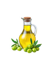 Liquid gold olive oil in a glass jug with fresh green olives and leaves, representing healthy Mediterranean diet