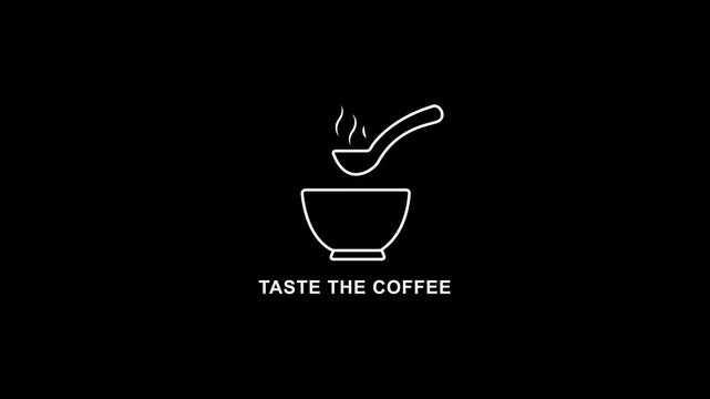 Minimalist white line animation of steaming coffee spoon and bowl taste the coffee concept for cafe branding and food industry promotions