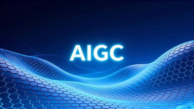 Abstract blue hexagonal wave pattern with AIGC text