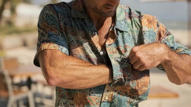 Medium shot featuring a shortsleeve printed casual collared shirt capturing the lively designs ideal for summer leisure and social events.