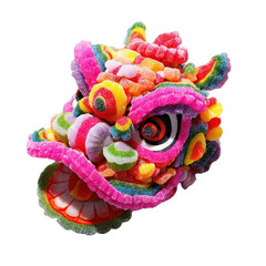 Obraz premium isolated white bakcground of a vibrant and highly detailed lion dance head crafted from a colorful assortment of gummy candies, representing joyful festivities.