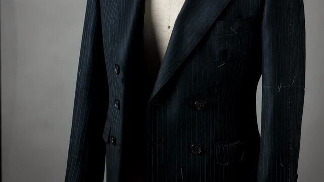 Pinstripe doublebreasted suit assembly highlighting sharp peak lapels and reinforced inner front panels blending classic pattern with refined business attire elegance.