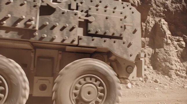 Military vehicle drives through rocky terrain in desert location during daylight