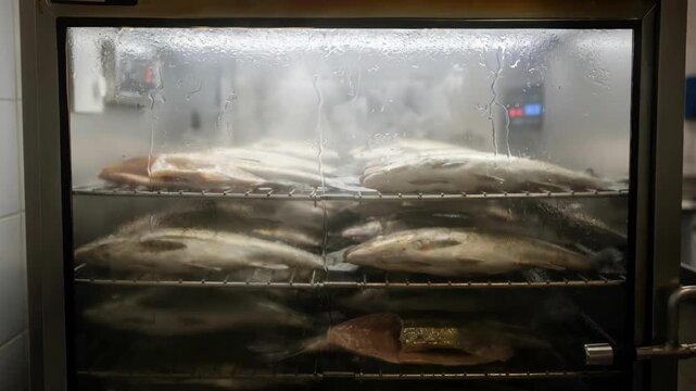 Medium shot of fish neatly arranged on racks as they pass through a light smoke chamber highlighting delicate smoking techniques in a controlled seafood processing room.