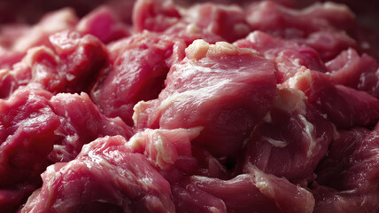 Obraz premium Raw fresh diced meat cubes showing bloody texture closeup with red color prepared for cooking delicious food in kitchen