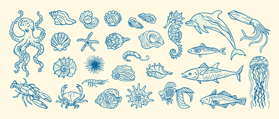 Hand drawn vector illustration set underwater marine life ink grunge sketch. Octopus seahorse nautilus shell fish crab, lobster starfish seashells grungy doodles. Modern sketch line coastal ocean mood © neliakott