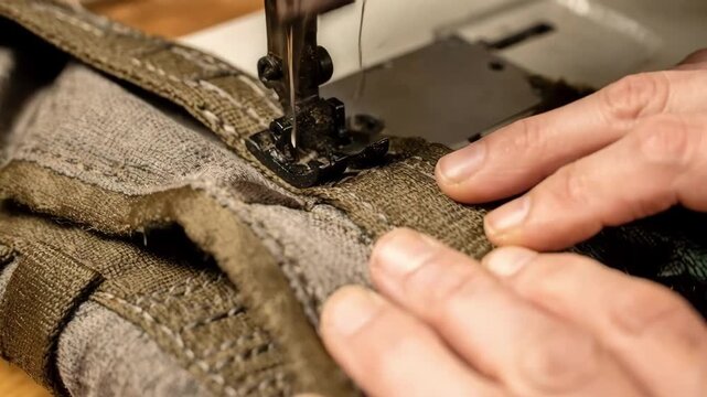 Closeup of skilled worker stitching reinforced backpack straps with heavyduty thread focusing on bartack seams and padded layers for enhanced durability in outdoor gear