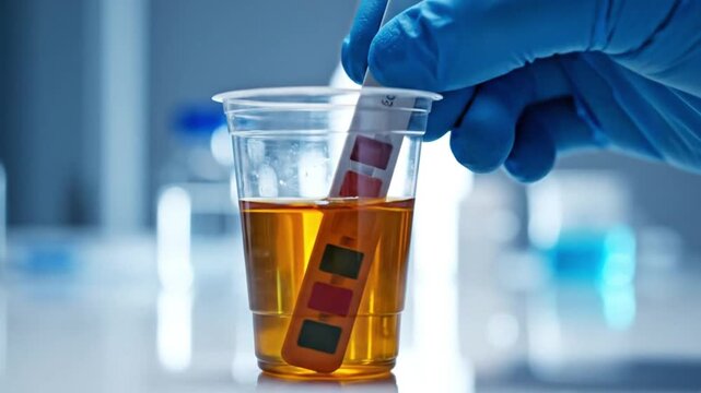 Scientist testing liquid sample with colorimetric test strip in laboratory