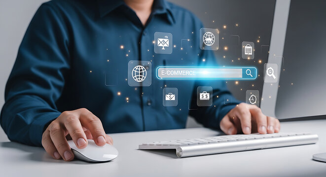 Person using computer with search bar and icons.