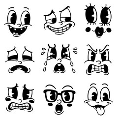 Fototapeta premium Cartoon Face Expressions Set Black White Retro Comic Style Cute Character Emotions Collection for Stickers T Shirts Design