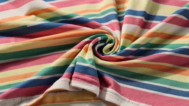 Medium shot of striped stretch jersey knit fabric demonstrating vibrant horizontal pattern and breathable stretch suitable for stylish athleisure and sporty outfits.