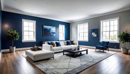Home Interior Living Room with Sofa and Rug in Front of Navy Blue Wall