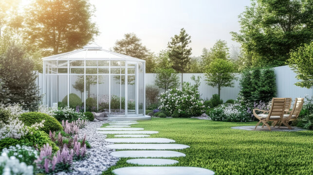 Luxury colorful backyard garden with glasshouse 3d render there are green lawn
