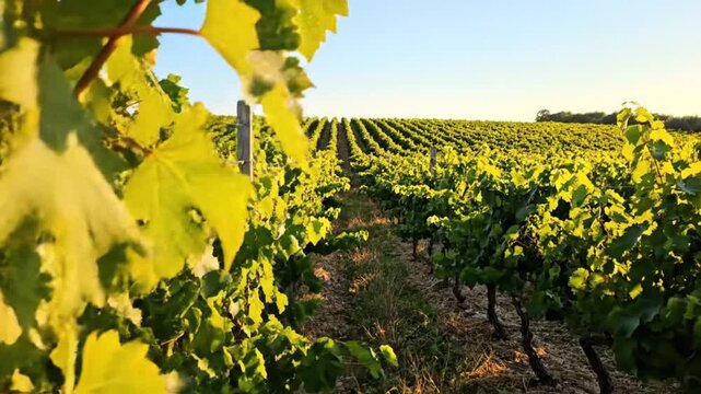 A cluster of ripe dew-kissed grapes hangs from a vine in a sun-drenched vineyard with rows of grape plants stretching towards the horizon