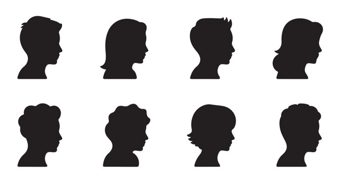 Collection of human head silhouettes in profile, set of diverse people side view vector