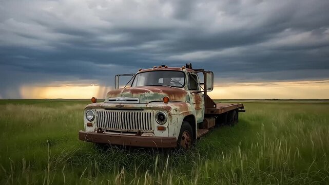 Abandoned rusty flatbed tow truck sits in a grassy field under a dramatic stormy sky with distant rain shafts and golden sunset light