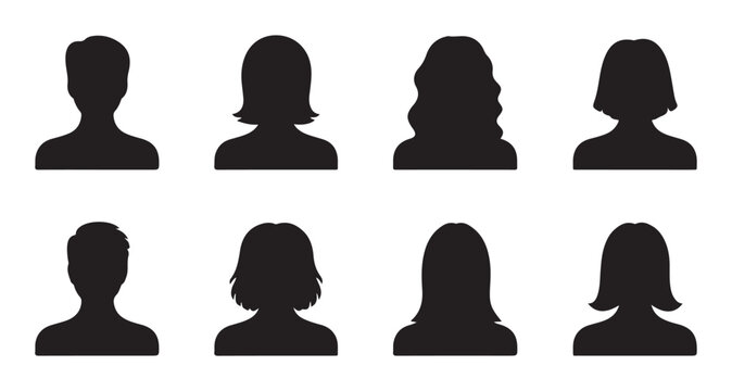 Set of diverse human head silhouettes, anonymous people avatar icons, various hairstyles vector