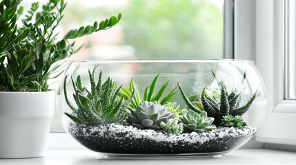 Obraz premium Mini succulent garden in glass terrarium on windows