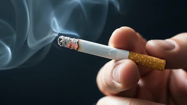 Close up of a burning cigarette held between fingers with smoke rising against a dark background highlighting addiction and habit
