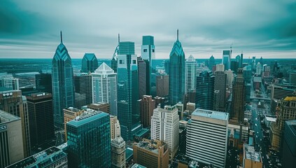 Obraz premium High-angle wide shot of a large metropolitan area showcasing many tall skyscrapers under a cloudy sky