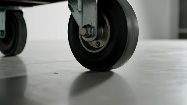 Close Up Industrial Caster Wheel Rolling On Smooth Floor.