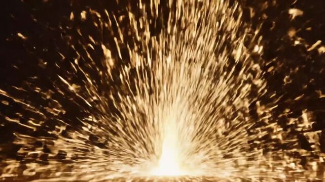 Sparkling explosion of golden sparks flying through air at night