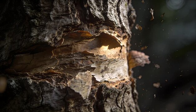 Macro nature extreme authentic skin texture natural film grain bark detail shows rough tree wood surface with peeling layer dramatic light fragment motion macro nature extreme closeup of tree bark