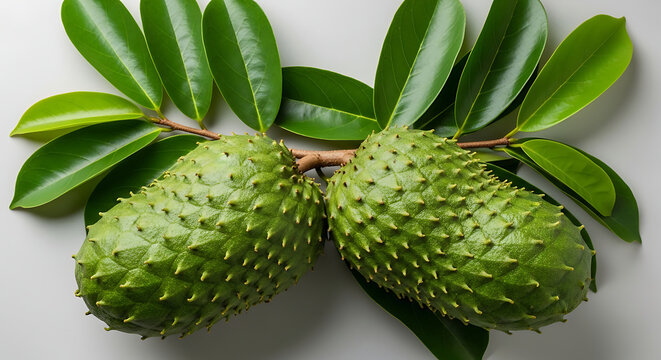 Two spiky green soursop fruits on a branch with leaves guanabana