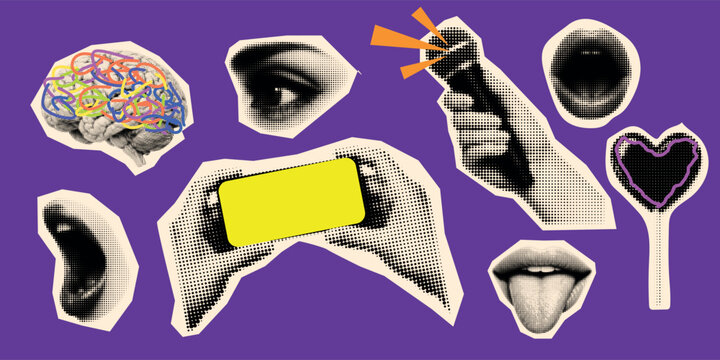 Pop art halftone collage close up hands holding phone megaphone yellow card with expressive eye mouth brain tongue stickers playful