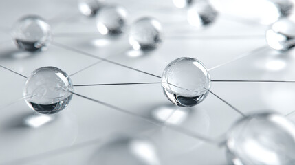 Transparent glass spheres connected by thin metal rods forming minimalist network clean white background conveying modern connectivity and calm