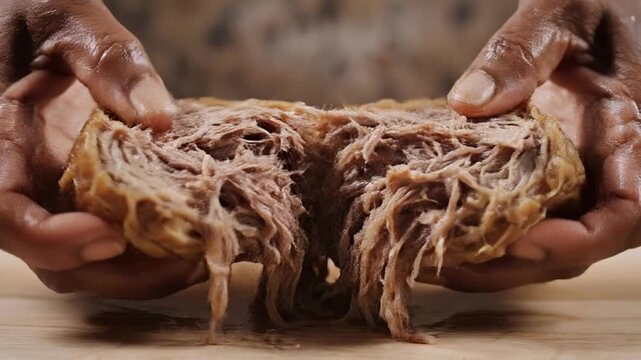 Closeup Hands Pulling Apart Pulled Pork Sandwich.