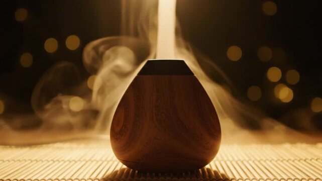 Wooden essential oil diffuser emitting soothing mist in warm ambiance