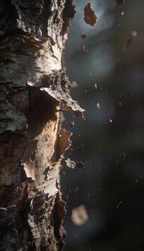 Macro nature extreme authentic tree bark skin texture natural film grain detail bark flake wood closeup peeling tree in warm forest light dust fly focus dramatic natural forest mood