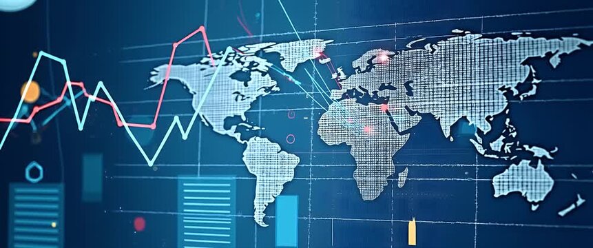 Dynamic digital world map with fluctuating stock market graphs, gentle ambient motion of data lines, and a slow panning camera in a cinematic style, ideal for financial technology content.