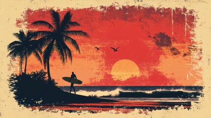 Surfer Standing on Beach at Sunset.