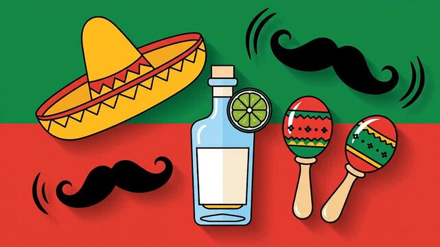 Cinco de Mayo Fiesta Elements Sombrero Tequila Maracas and Mustaches.