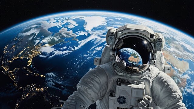 Astronaut's Earthly Gaze: An astronaut floats in the vast expanse of space, their visor reflecting the mesmerizing beauty of planet Earth, a symbol of exploration and cosmic wonder.