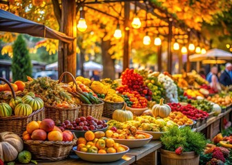 A vibrant display of autumnal delights at a bustling market stall
