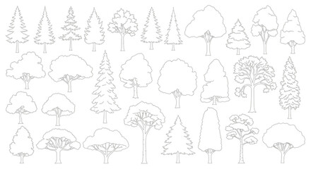 Obraz premium A comprehensive collection of various tree outlines and silhouettes, showcasing diverse species and shapes in a line art style.