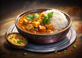 Heres the expanded output  Aromatic flavors blend in a rich, comforting bowl of steaming chicken curry served over fluffy white rice, garnished wit